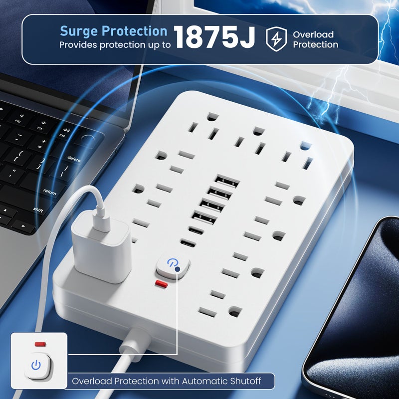 9 In 1 Power Strip With Wall Mount 10 Ft Extension Cord 4 USB Ports 2 USB C Ports Flat Plug Overload Protection For Home Office Use - Image 3