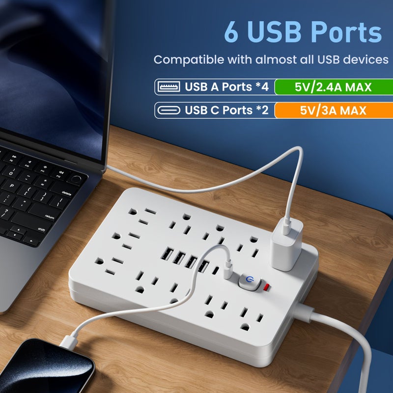9 In 1 Power Strip With Wall Mount 10 Ft Extension Cord 4 USB Ports 2 USB C Ports Flat Plug Overload Protection For Home Office Use - Image 1
