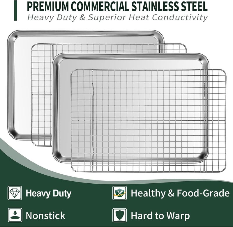 CEKEE Quarter Sheet Pan with Cooling Rack Set [2 Baking Sheets + 2 Baking Racks], CEKEE Stainless Steel Cookie Sheets for Baking and Wire Rack - Rust & Warp Resistant & Nonstick, Size 12 x 9.8 x 1 Inch - Image 3