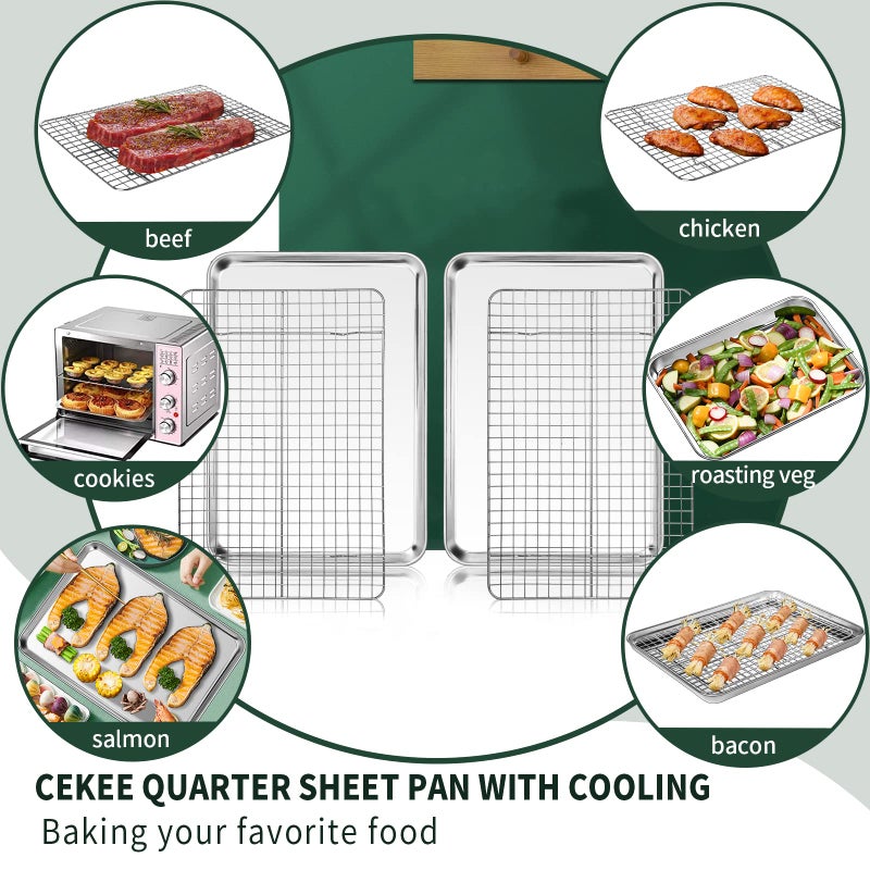 CEKEE Quarter Sheet Pan with Cooling Rack Set [2 Baking Sheets + 2 Baking Racks], CEKEE Stainless Steel Cookie Sheets for Baking and Wire Rack - Rust & Warp Resistant & Nonstick, Size 12 x 9.8 x 1 Inch - Image 5