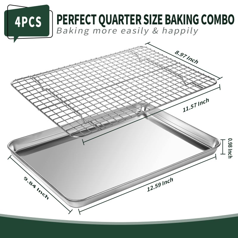 CEKEE Quarter Sheet Pan with Cooling Rack Set [2 Baking Sheets + 2 Baking Racks], CEKEE Stainless Steel Cookie Sheets for Baking and Wire Rack - Rust & Warp Resistant & Nonstick, Size 12 x 9.8 x 1 Inch - Image 2