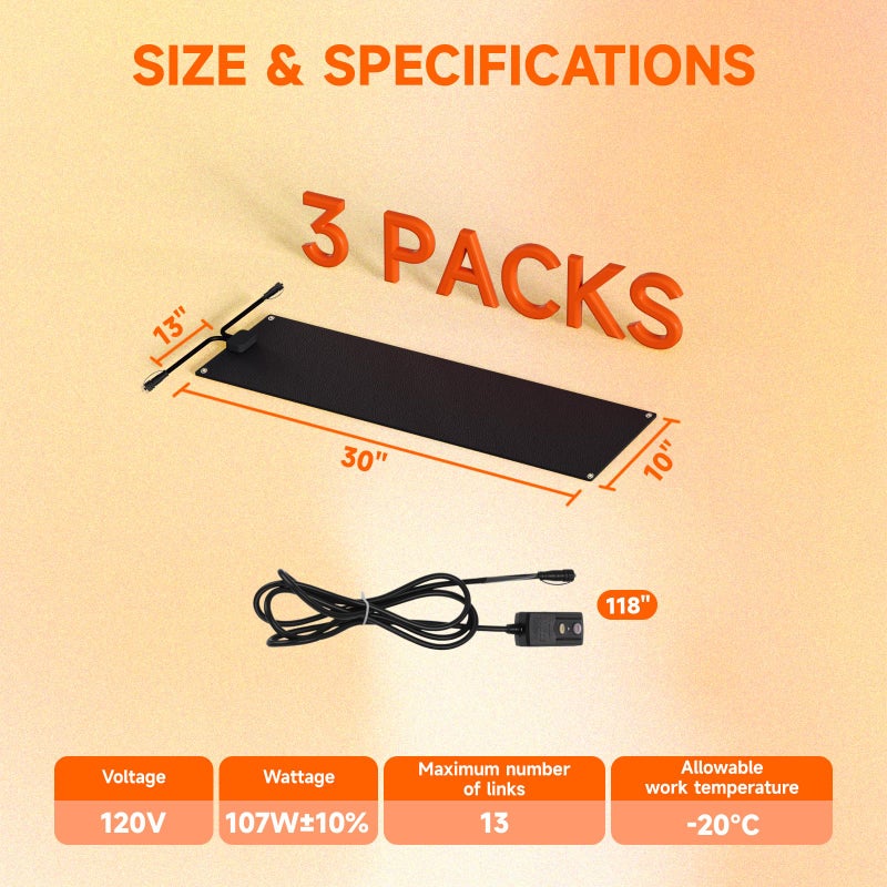 Roastove 3 Pcs Heated Snow Melting Mats, 10 x 30 inch No-Slip Rubber Heated Outdoor Mats, for Winter Outdoor Stairs, Steps, Doorways,Walkways, Driveway, 2 .8in/h Melting Speed,with 1 Plug - Image 2