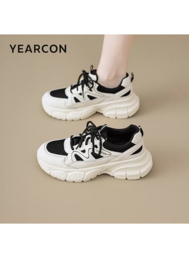 YEARCON Eierkang Women's Dad Sneakers Mesh Breathable Sports Casual Versatile Mom Shoes 13399w Beige/black Size 38 - Image 2