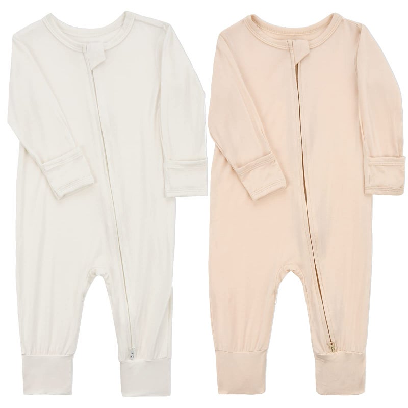 Aablexema Baby Footless Pajamas Zipper with Mitten Rayon from Bamboo Infant Long Sleeve Romper PjsOat BeigeNewborn