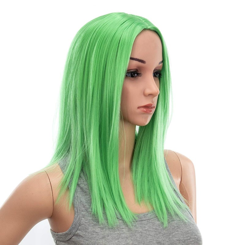SWACC 14-Inch Short Straight Middle Part Hair Wig Medium Length Synthetic Heat Resistant Wigs for Women with Wig Cap (Light Green) - Image 3