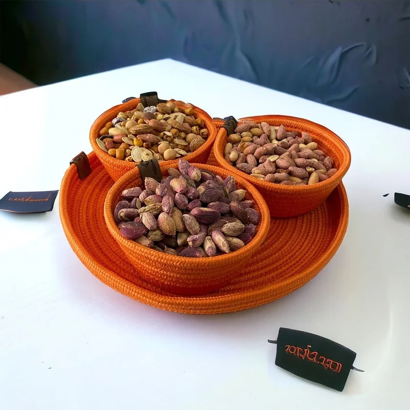 BDZ Deri Bdz Leather 3 Piece Presentation Snack Set Jute Wicker Presentation Container with Tray