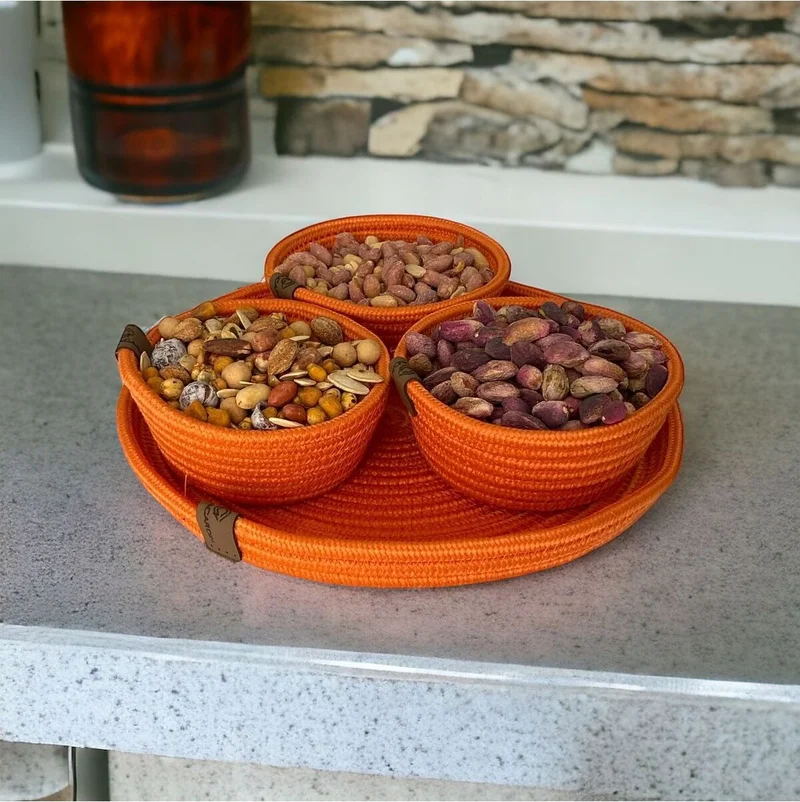 BDZ Deri Bdz Leather 3 Piece Presentation Snack Set Jute Wicker Presentation Container with Tray