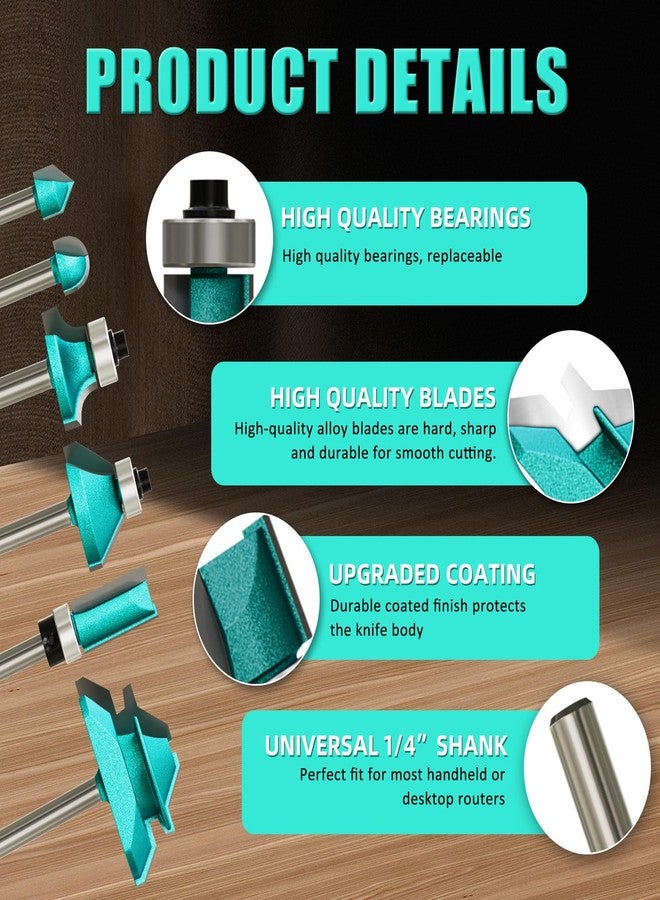 CSOOM 15Pcs Router Bit Set, Router Bits Set 1/4 Inch Shank for Beginners Woodworking, Router Bit Set Include Straight, Dovetail, Chamfer, Cove, Flush Trim, Round Over - Image 4
