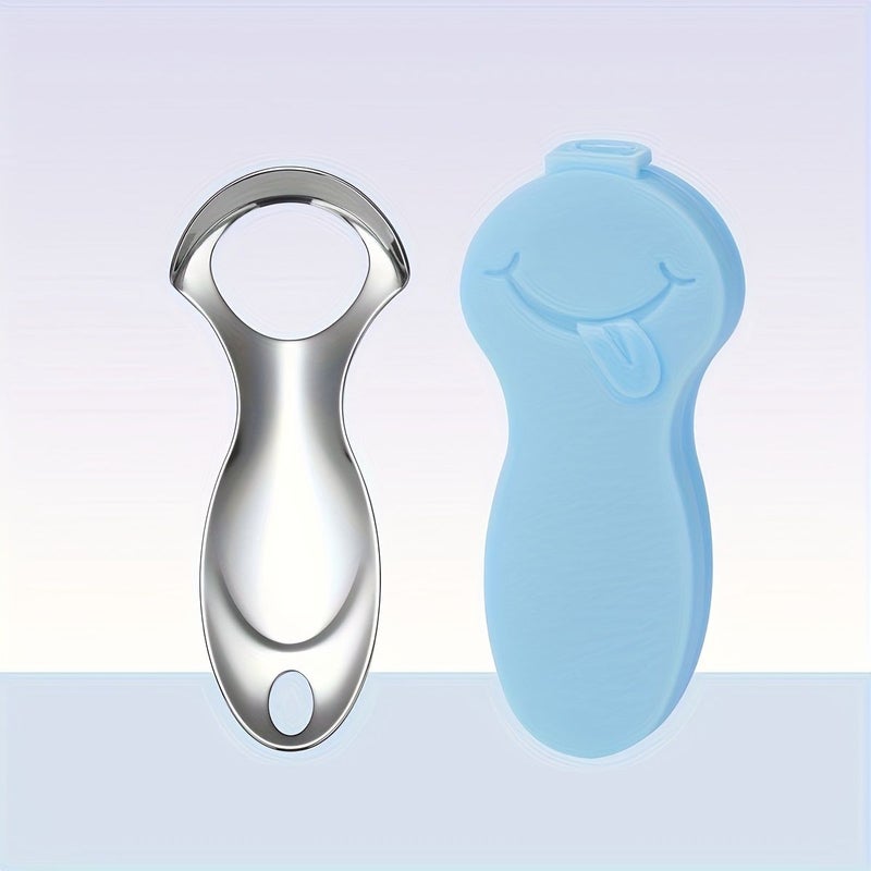 Blue Stainless Steel Tongue Scraper Portable Oral Care Travel Case - Image 1