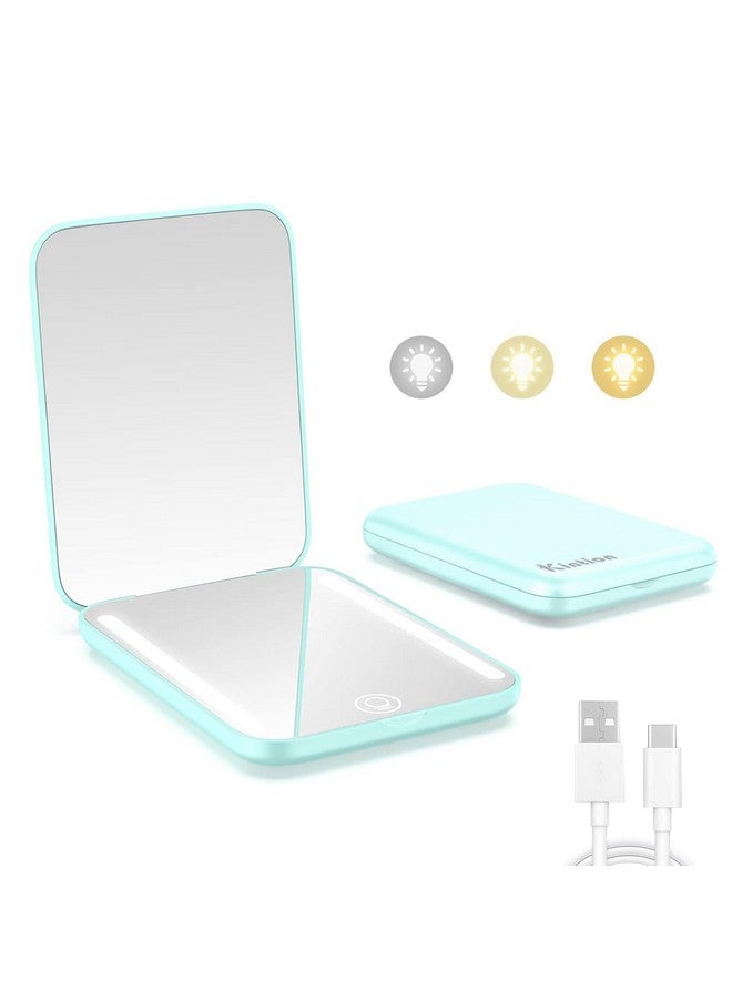 Kintion Rechargeable Pocket Mirror, Double Sided 1X/3X Magnification Compact Vanity Mirror, 3 Color Lights, Dimmable, Small Portable Wallet Mirror, Lighted Travel Mirror For Women Gifts, Cyan - Image 1