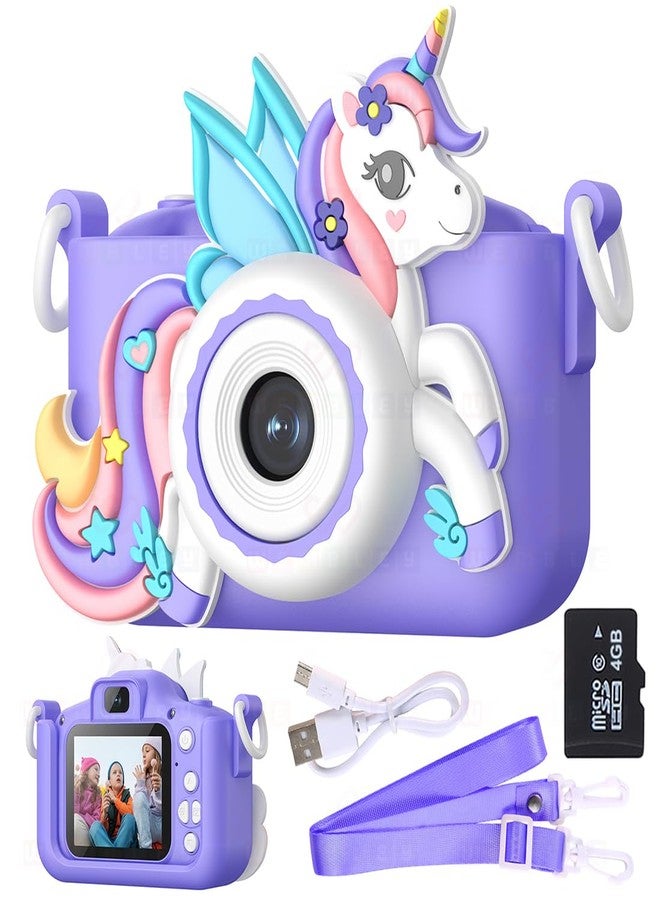Wembley Kids Digital Camera Compact Unicorn Design Selfie Camera Video Recorder Photo Capture Games 4GB SD Card 2.0 Inch Screen for Girls Boys 4+ 5 6 7 8 - Purple - Image 1