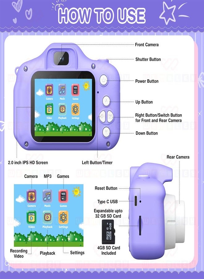 Wembley Kids Digital Camera Compact Unicorn Design Selfie Camera Video Recorder Photo Capture Games 4GB SD Card 2.0 Inch Screen for Girls Boys 4+ 5 6 7 8 - Purple - Image 4