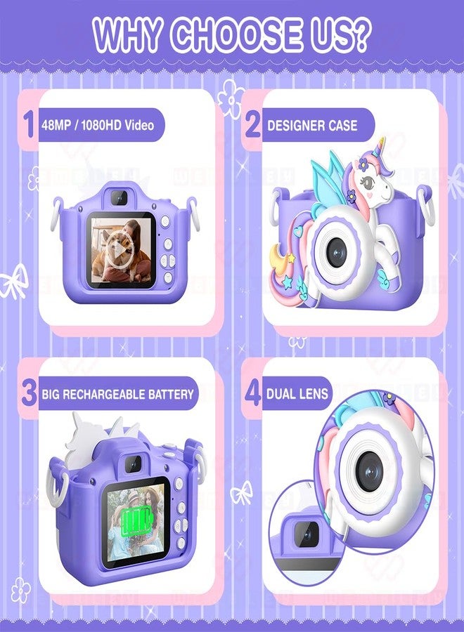 Wembley Kids Digital Camera Compact Unicorn Design Selfie Camera Video Recorder Photo Capture Games 4GB SD Card 2.0 Inch Screen for Girls Boys 4+ 5 6 7 8 - Purple - Image 5