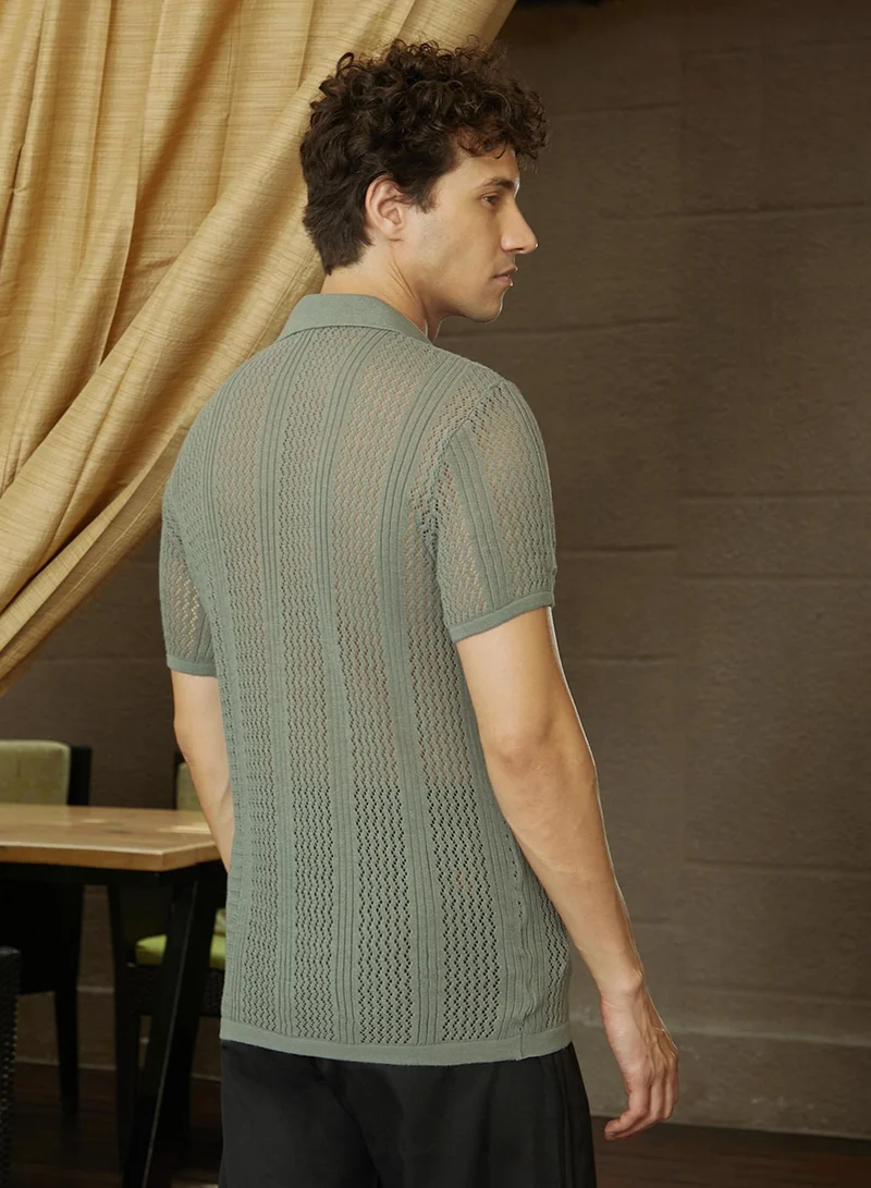 كامبوس سوترا Men's Coin Grey Chevron-Lined Textured Polo T-Shirt