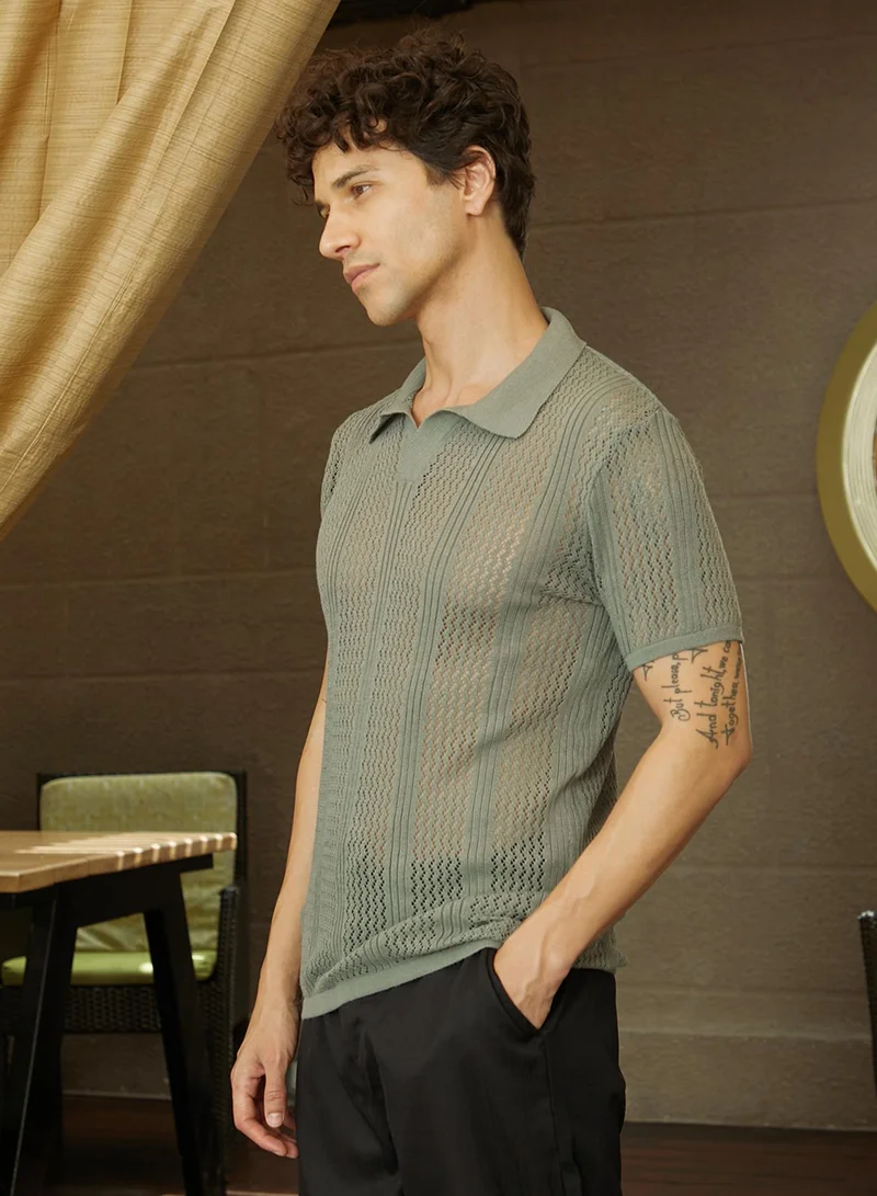 كامبوس سوترا Men's Coin Grey Chevron-Lined Textured Polo T-Shirt