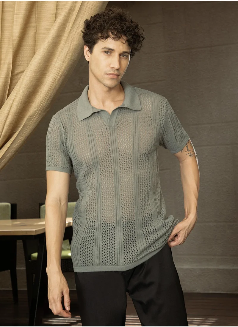 كامبوس سوترا Men's Coin Grey Chevron-Lined Textured Polo T-Shirt