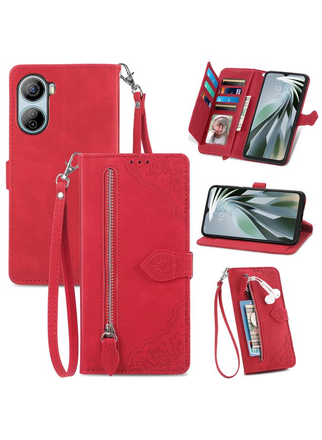 Green Tiger For ZTE Libero 5G IV Embossed Flower Zipper Leather Phone Case(Red)