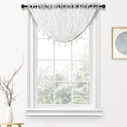 NAPEARL Waterfall Valance Curtains for Window, White Organza Sheer Valances and Swags, Jacquard Beaded Valance for Living Room, Bathroom, Small Windows (1 Valance, 40 x 17 Inch) - Image 2