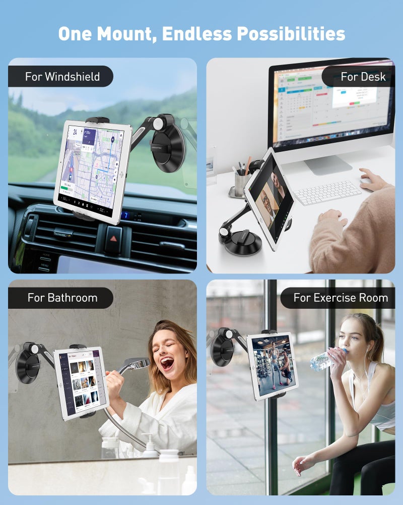 AboveTEK iPad Suction Mount, Phone Tablet Stand Holder with Suction Cup Fits 4"-11" Tablet/Phone/iPad mini/Air, Sticky iPads Mount on Window Bathroom Mirror, for Car Truck Windshield Boat (Black) - Image 3