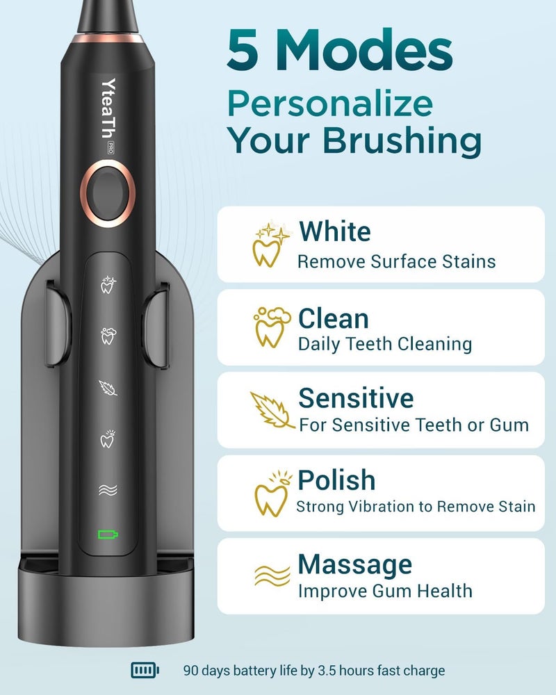 YTEATH PRO Electric Sonic Toothbrush for Adults, Electric Toothbrush with 8 Heads and Travel Case, 5 Modes, IPX7 Waterproof, Electric Ultrasonic Toothbrush, Jet Black - Image 3