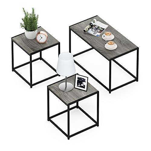 Furinno Camus Modern Living Room Coffee Table with 2 End Tables Set French Oak Grey