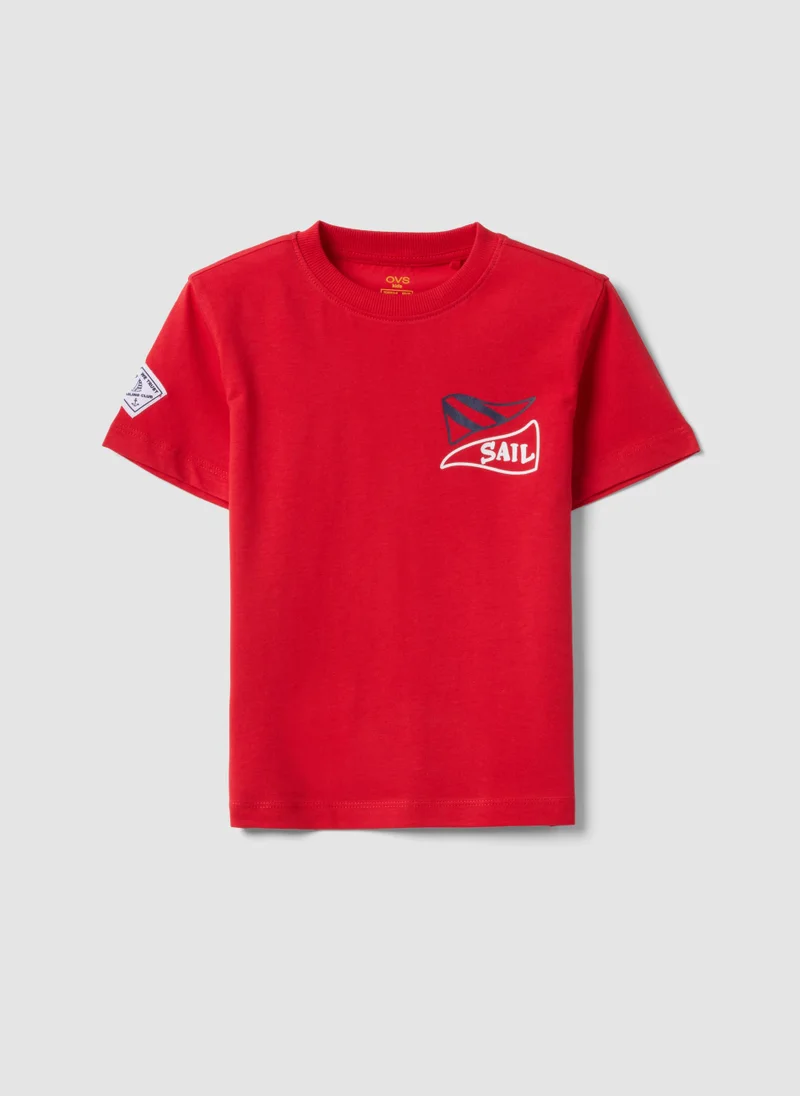 او في اس OVS Red Pure Cotton Boysâ€™ T-Shirt With Sailing Print