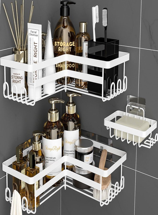 StorageRight Corner Shower Caddy, 3 Pack Adhesive Bathroom Accessories with Soap Holder, Storage Stainless Shower Organizer Shelf with Hooks, No Drilling Shower Shelves for Bathroom(White, Large) - Image 1