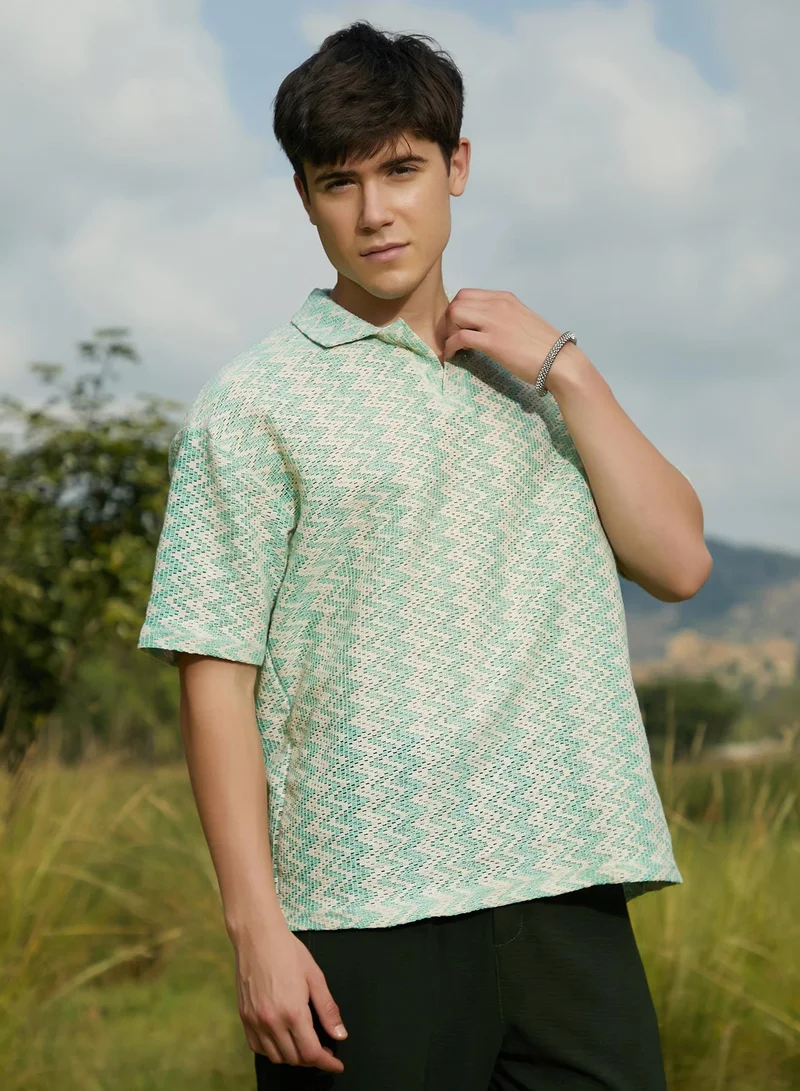 Campus Sutra Men's Mint Green Tidal-Knit Polo T-Shirt