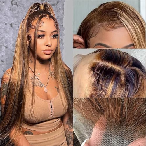 Flady 26 inch Ombre Highlight Lace Front Wig Human Hair 427 Glueless Straight HD Lace Frontal Wigs Human Hair Pre Plucked Honey Blonde Highlight Wig Human Hair 150 Density - Image 2