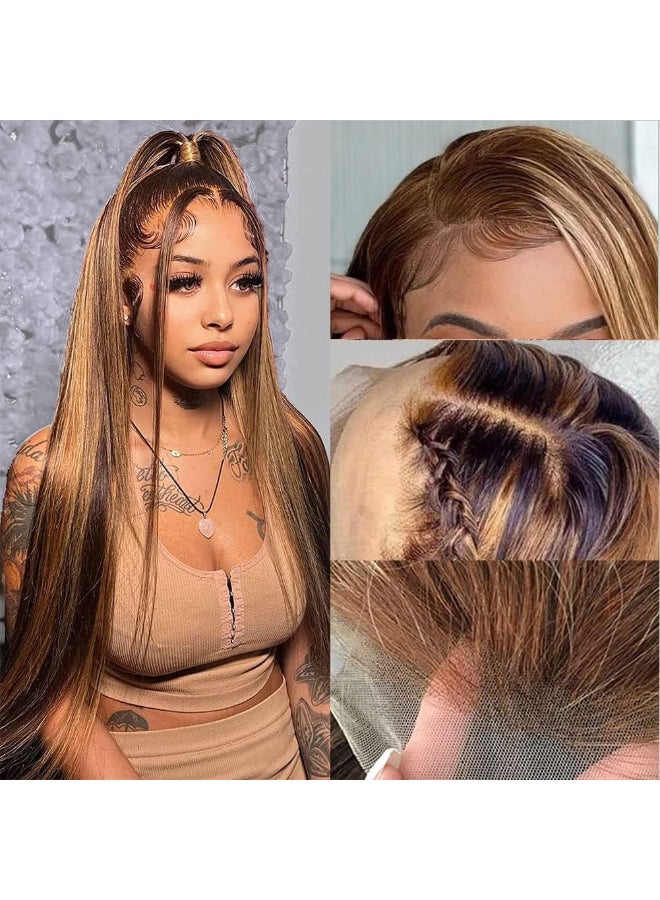 Flady 26 inch Ombre Highlight Lace Front Wig Human Hair 427 Glueless Straight HD Lace Frontal Wigs Human Hair Pre Plucked Honey Blonde Highlight Wig Human Hair 150 Density - Image 3