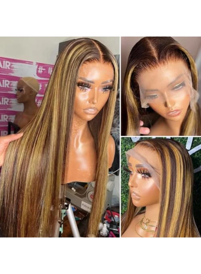 Flady 26 inch Ombre Highlight Lace Front Wig Human Hair 427 Glueless Straight HD Lace Frontal Wigs Human Hair Pre Plucked Honey Blonde Highlight Wig Human Hair 150 Density - Image 4