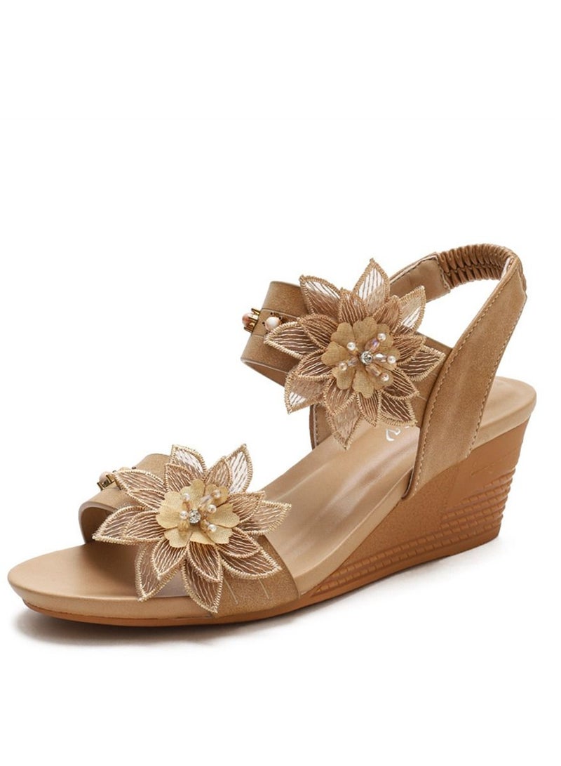 Loquat Ethnic Flower Wedge Heel Sandals 5CM Brown  - Image 1
