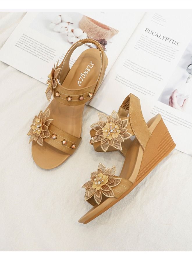 Loquat Ethnic Flower Wedge Heel Sandals 5CM Brown  - Image 2