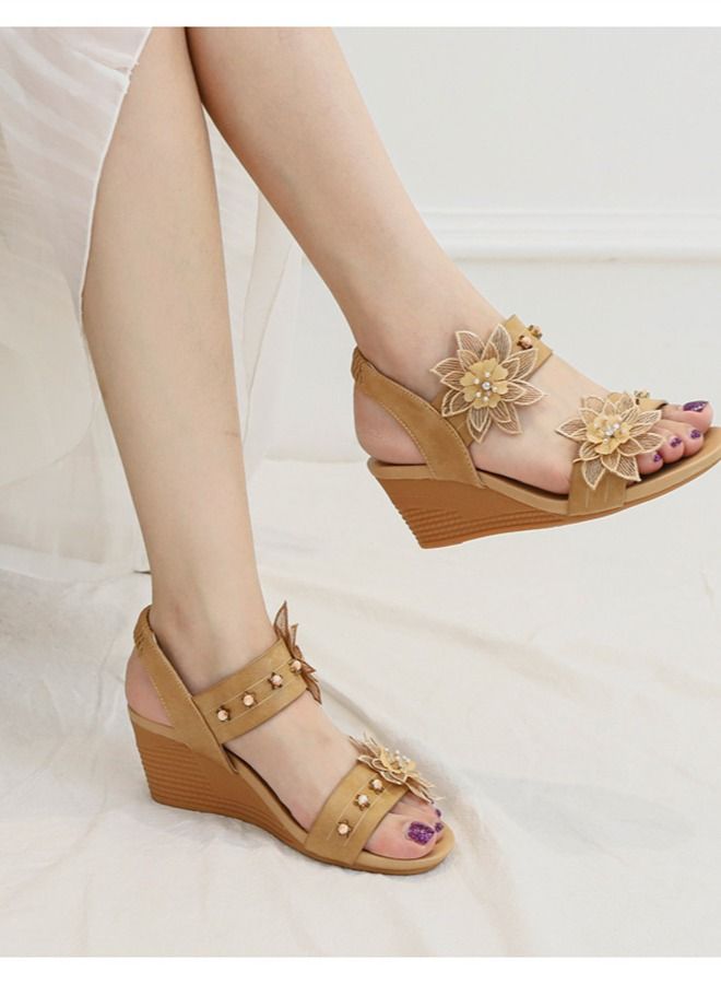 Loquat Ethnic Flower Wedge Heel Sandals 5CM Brown  - Image 3