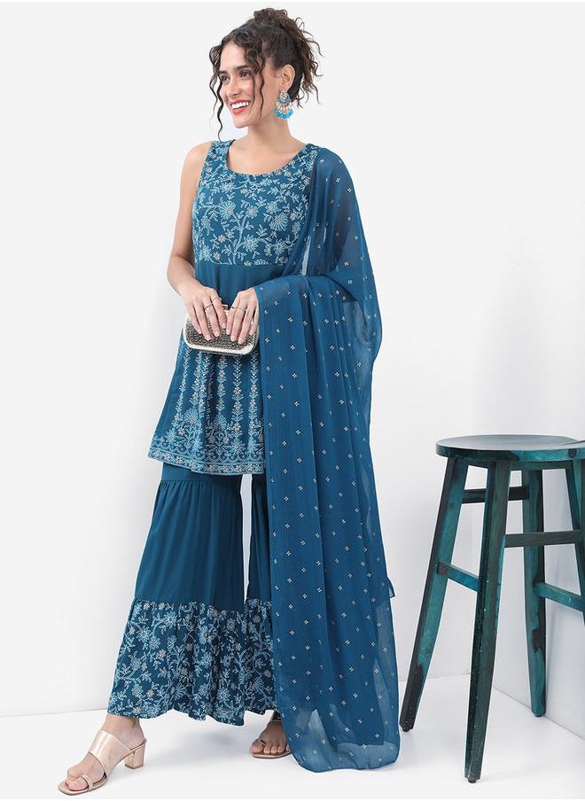 Ketch - Printed A-Line Short Kurta & Sharara with Dupatta Co-Ord Set by Styli - Image 1