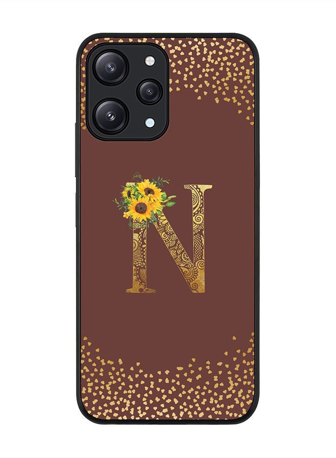 Stylizedd Rugged Black edge case for Xiaomi Redmi 12 4G, Slim fit Soft Case Flexible Rubber Edges Anti Drop TPU Gel Thin Cover -  Custom Monogram Initial Letter Floral Pattern Alphabet - N  (Brown ) - Image 1