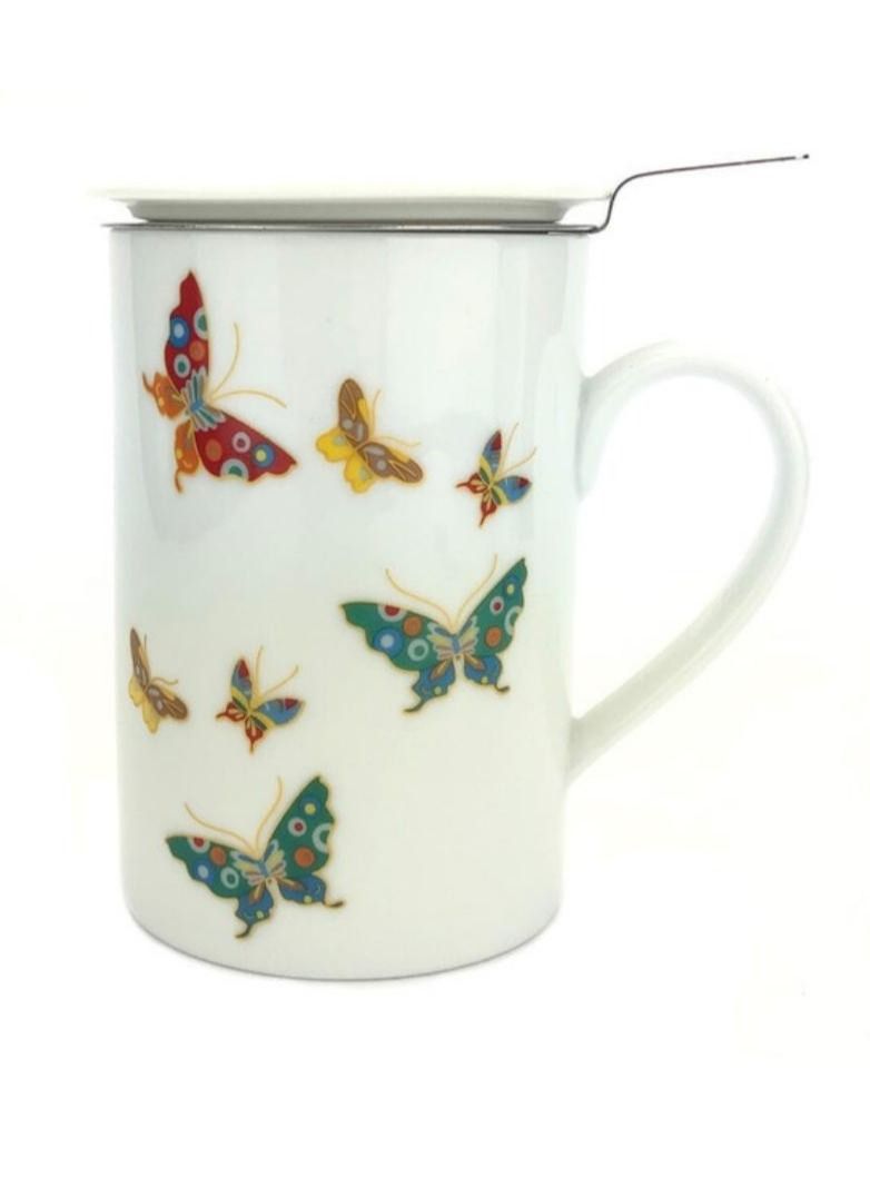 Tealand Microwave Safe Fine Porcelain White With Butterfly  Mug with Lid And infuser for Loose Leaf Tea (0.375L)