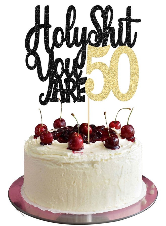 Ephlyn 1Pc Holy Shit You are 50 Cake Topper Glitter Funny 50th Birthday Cake Pick for Happy 50th Cheers to 50 Years Old Birthday Party Cake Decorations Supplies - Image 1