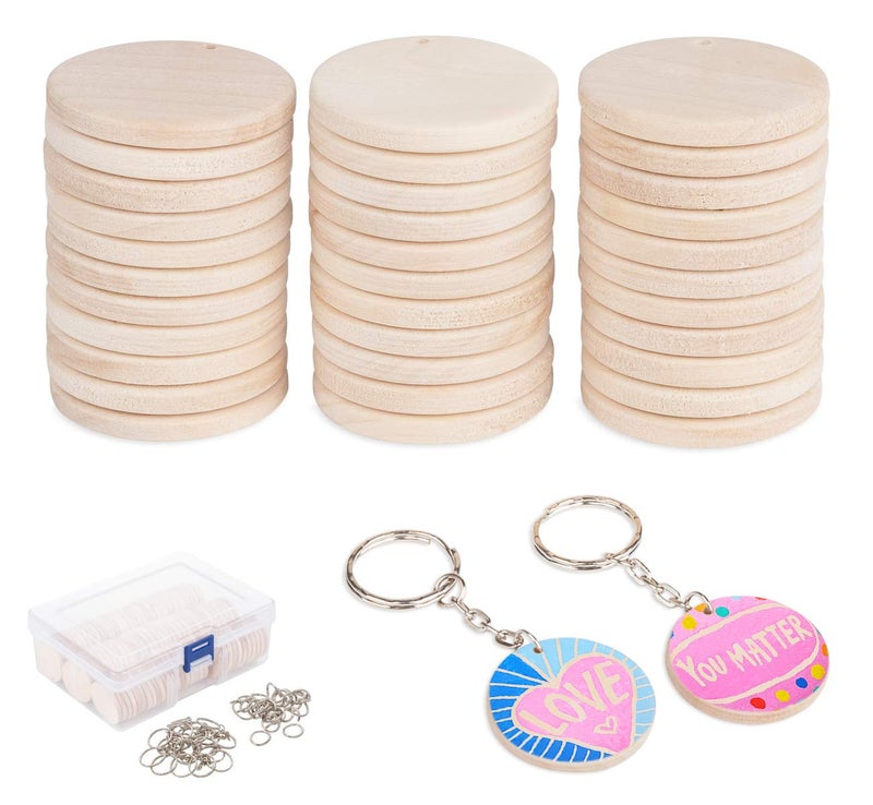 ilauke 100 Pcs Natural Wood Slices 35 cm Unfinished Predrilled Log Discs Wooden Circles with 100 Pcs Key Rings for DIY Crafts Christmas Decorations Ornaments Wedding Decoration