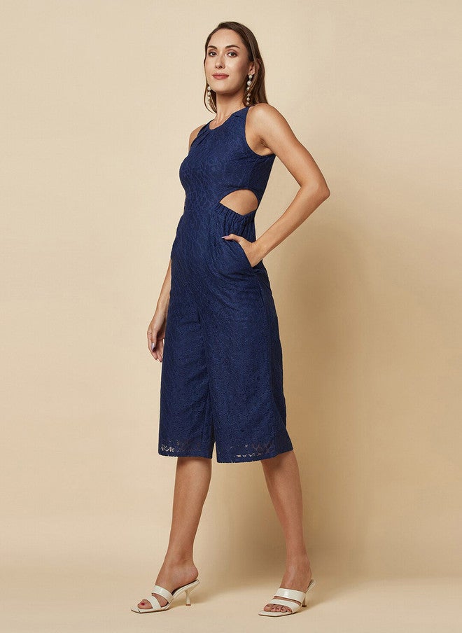RAASSIO Navy Cut-Out Detail Cotton Culotte Jumpsuit for Women - Image 4