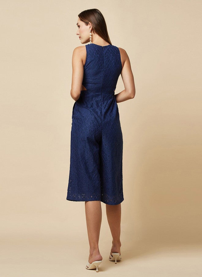 RAASSIO Navy Cut-Out Detail Cotton Culotte Jumpsuit for Women - Image 5