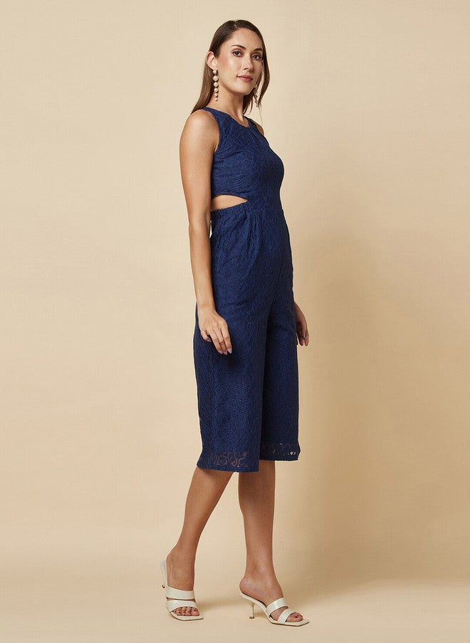 RAASSIO Navy Cut-Out Detail Cotton Culotte Jumpsuit for Women - Image 3
