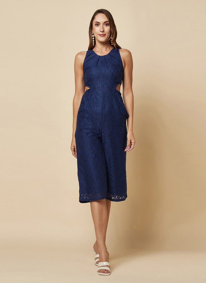 RAASSIO Navy Cut-Out Detail Cotton Culotte Jumpsuit for Women - Image 1