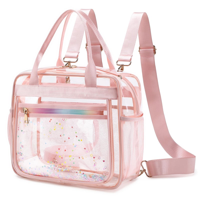 KIDNUO Clear Beach Bag Women Handbag Large Swim Tote Pool Sand Crossbody Bags Transparent Backpack for Girls Stadium Approved Messenger Shoulder Daypack Carry on Totes School Students Pink - Image 1