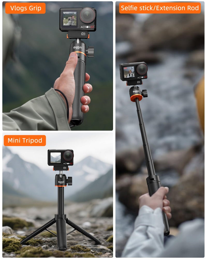 Cakrurt 21.4" Osmo Action Selfie Stick Tripod for DJI Action 5 Pro/4/3, Osmo Nano/360, 2-in-1 Extendable Handle with Mini Extension Rod & 360Â° Ball Head, Travel Vlogging Stand/Accessories for Video Recording - Image 3