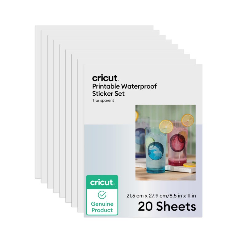 Cricut مجموعة ملصقات مقاومة للماء قابلة للطباعة من كريكوت، 20 ورقة شفافة (8.5" × 11") - متوافقة مع طابعات النفث - لماكينات جوي إكسترا، إكسبلور، ومايكر - Image 1