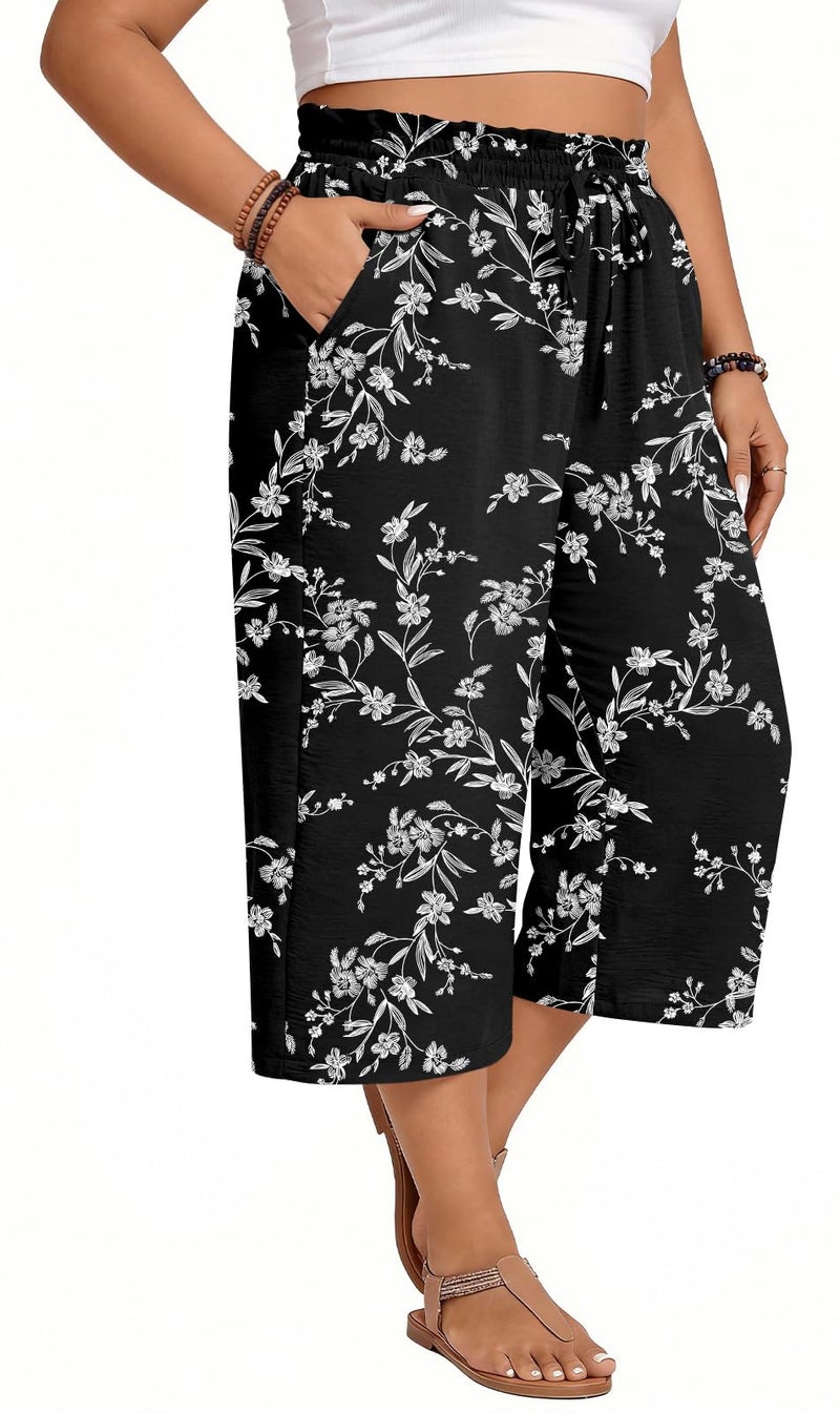 Anyhold Womens Capri Pants Loose High Waisted Wide Leg Lounge Pants Drawstring Casual Palazzo Trousers with Pockets Large, White Carvings - Image 3