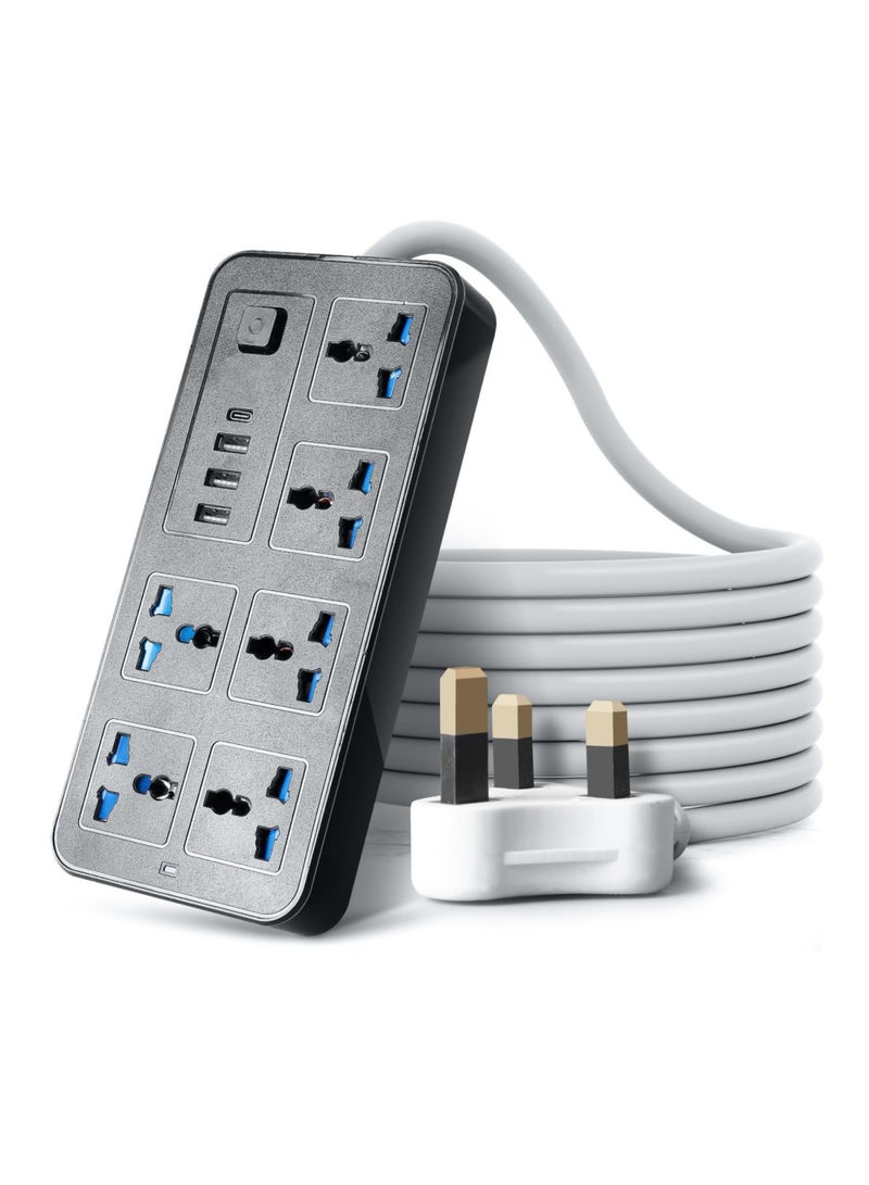Excefore Universal Extension Lead with Multiple Function,UK Plug 3 Pin Socket Outlet with 6 Gang, 3 USB Port, 1 Type-C Port,1.8M Electric Socket Mains Strip for Home,Kitchen,and Office  - Image 1