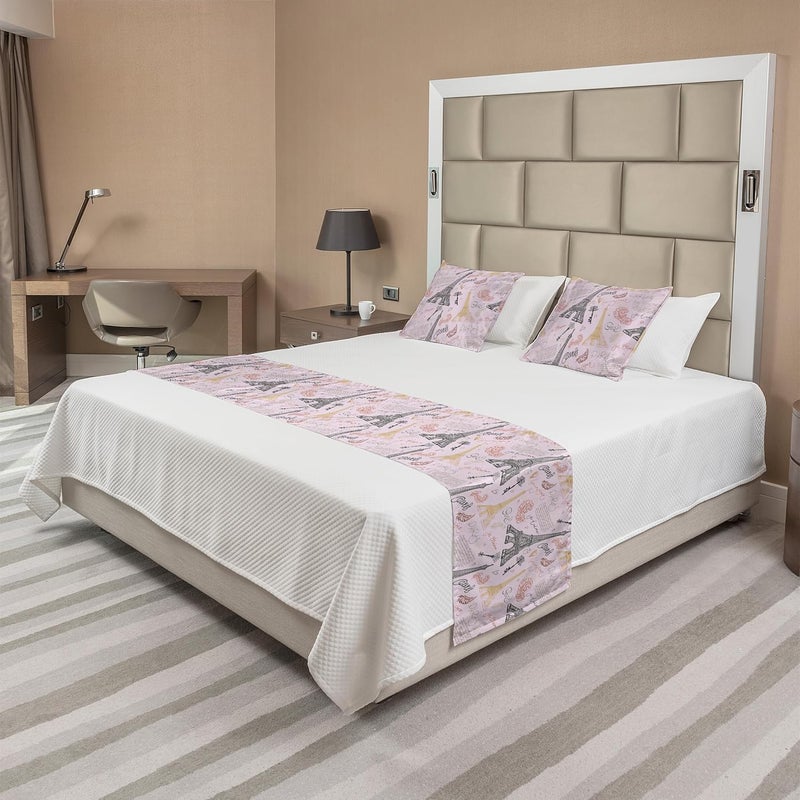 Ambesonne Paris Bed Runner Set, Eiffel Tower Sketch with Hand Lettering City Name Keys Quill Love Capital, Decorative Bedding Scarf and 2 Pillow Shams for Hotels Homes, Queen, Pastel Pink - Image 1