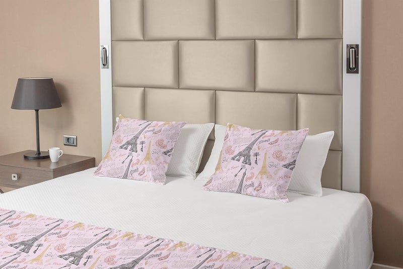 Ambesonne Paris Bed Runner Set, Eiffel Tower Sketch with Hand Lettering City Name Keys Quill Love Capital, Decorative Bedding Scarf and 2 Pillow Shams for Hotels Homes, Queen, Pastel Pink - Image 2